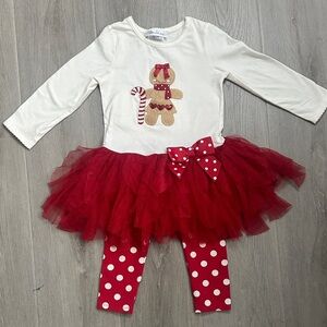 Bonnie Jean Red and White Gingerbread Tutu Dress Top with Polka Dot Leggings